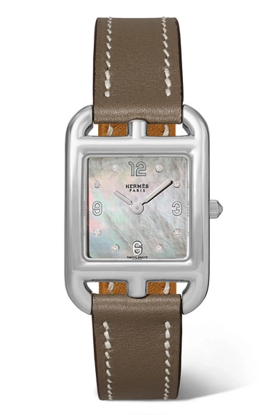 Pre-owned Hermes Cape Cod 23mm Small Stainless Steel, Leather, Mother-of-pearl And Diamond Watch In Silver