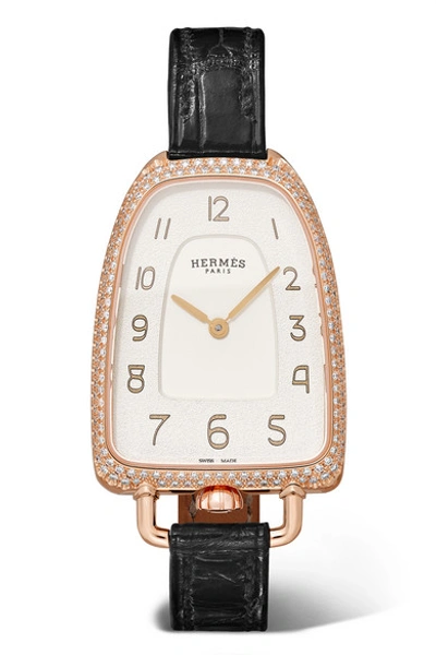 Pre-owned Hermes Galop D'hermès 26mm Medium 18-karat Rose Gold, Alligator And Diamond Watch
