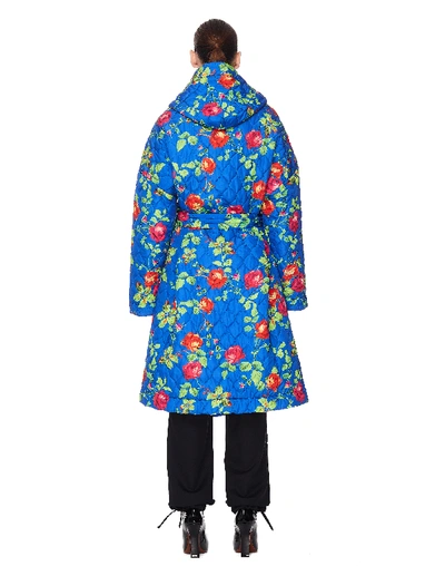 Shop Vetements Blue Flower Printed Hooded Coat