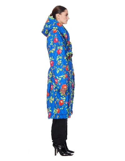 Shop Vetements Blue Flower Printed Hooded Coat