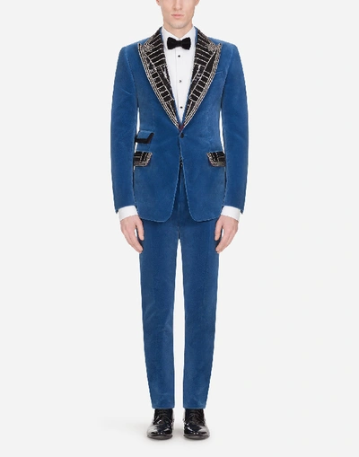 Shop Dolce & Gabbana Velvet Casinò-fit Suit With Sequins In Azure