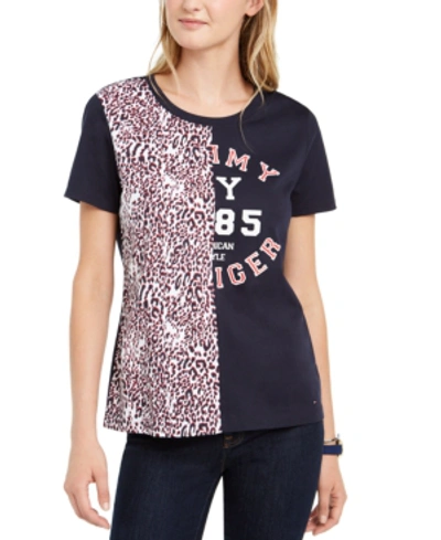 Shop Tommy Hilfiger Cotton Half-print T-shirt In Sky Captain Multi