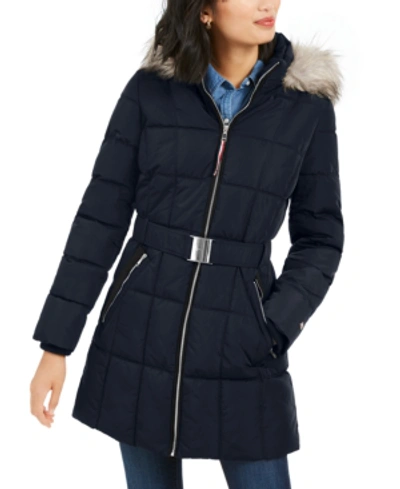 Tommy Hilfiger Belted Faux-fur Trim Hooded Puffer Coat In Navy | ModeSens