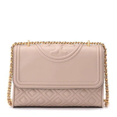 Shop Tory Burch Fleming Small Shoulder Bag In Taupe Tufted Leather In Beige