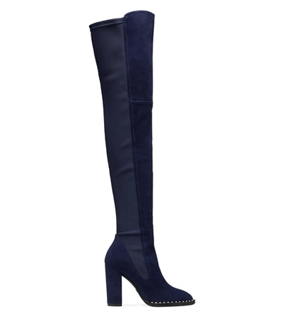 Shop Stuart Weitzman The Livia Pearl Otk Boot In Navy Blue Suede