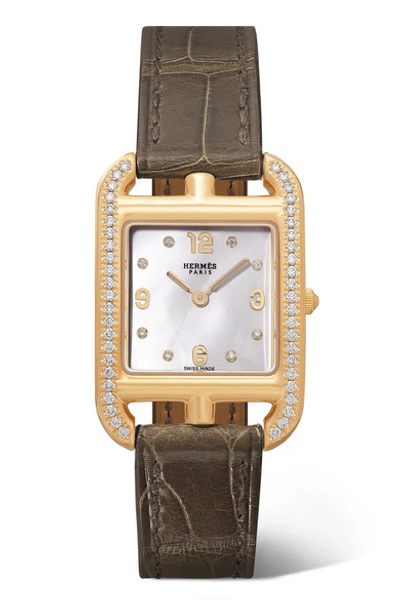 Pre-owned Hermes Cape Cod 23mm Small 18-karat Gold, Alligator, Mother-of-pearl And Diamond Watch