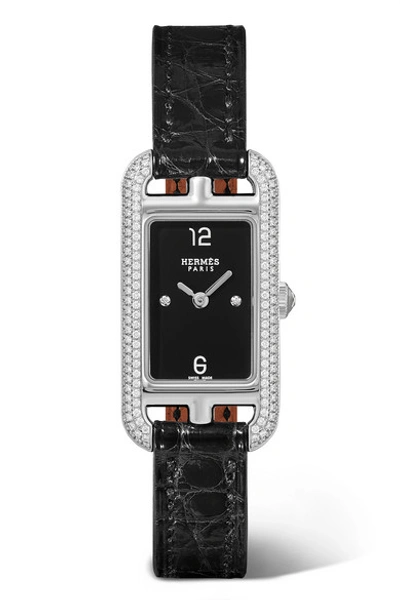 Pre-owned Hermes Nantucket 17mm Very Small Stainless Steel, Alligator And Diamond Watch In Silver