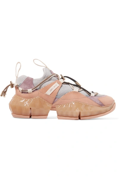 Shop Jimmy Choo Diamond Trail Suede, Leather And Stretch-mesh Sneakers In Baby Pink