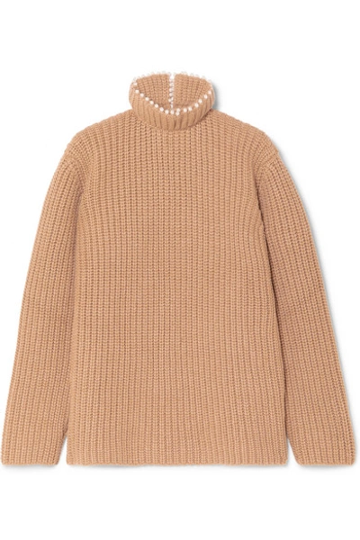 Shop Loewe Faux Pearl-embellished Ribbed Cashmere Turtleneck Sweater In Camel