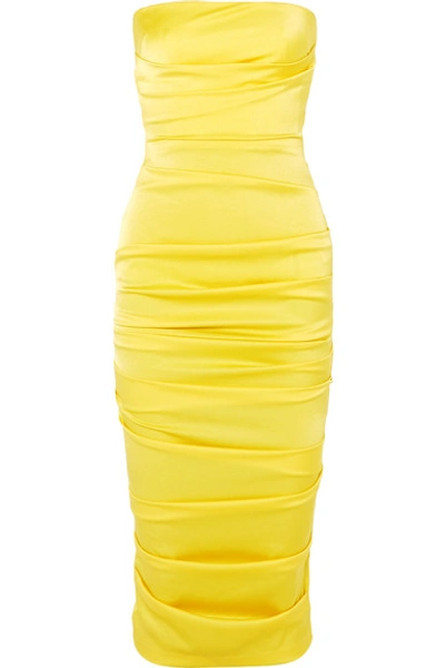 Shop Alex Perry Ace Strapless Ruched Satin Dress In Yellow