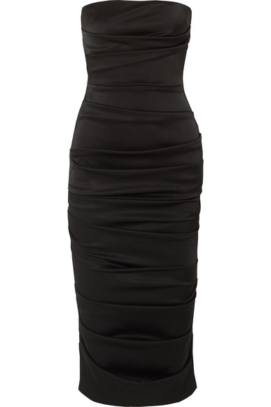 Alex Perry Ace Strapless Ruched Satin Dress In Black | ModeSens