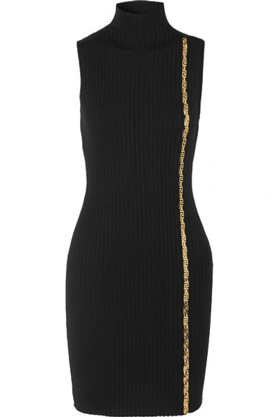 Shop Versace Embellished Ribbed Wool-blend Turtleneck Mini Dress In Black