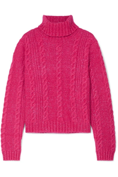 Shop Versace Cropped Metallic Cable-knit Turtleneck Sweater In Pink