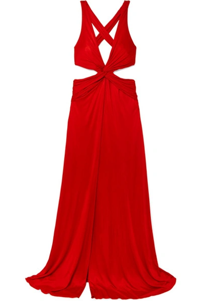 Shop Dundas Twist-front Cutout Stretch-satin Maxi Dress In Red
