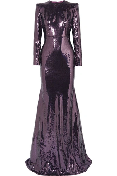 Shop Alex Perry Felix Sequined Satin Gown In Purple