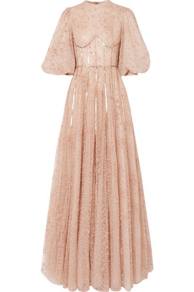 Shop Costarellos Sequined Flocked Tulle Gown In Beige