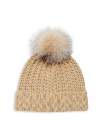 Shop Amicale Fox Fur Pom-pom Cashmere Beanie In Taupe