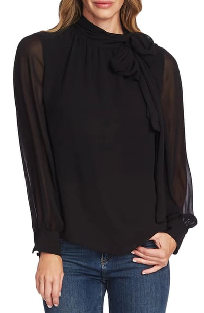 Shop Vince Camuto Tie Neck Long Sleeve Chiffon Blouse In Rich Black