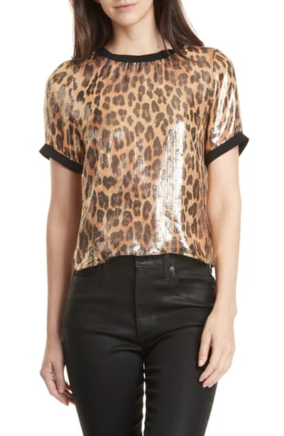 Shop Alice And Olivia Piera Leopard Print Silk Blend Tee In Spotted Leopard Dark Tan