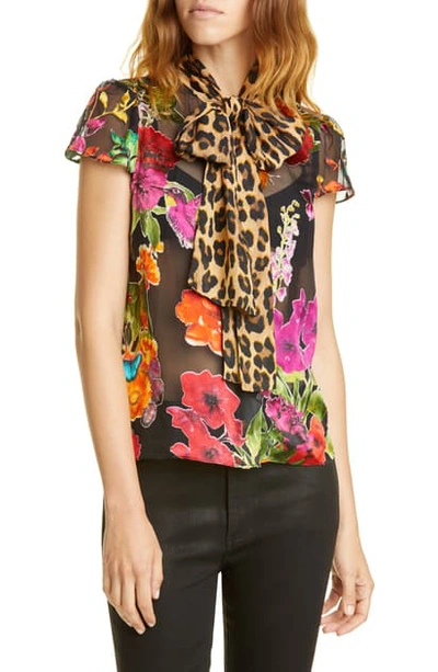 Shop Alice And Olivia Jeannie Pattern Mix Puff Sleeve Bow Blouse In Garden Floral/ Combo