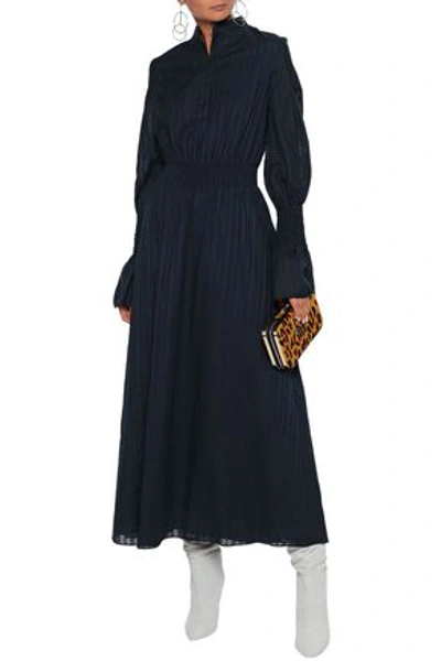 Shop Adam Lippes Woman Shirred Textured Cotton-voile Midi Dress Navy