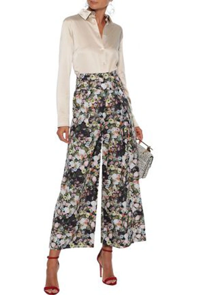 Shop Adam Lippes Belted Floral-print Cotton-poplin Wide-leg Pants In Black