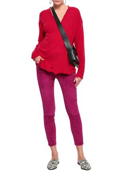 Shop Current Elliott Distressed Wool And Cashmere-blend Sweater In Crimson