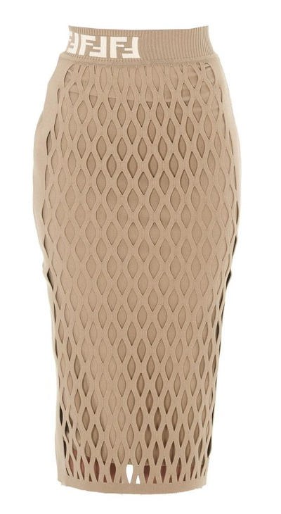 Shop Fendi Logo Waist Midi Skirt In Beige