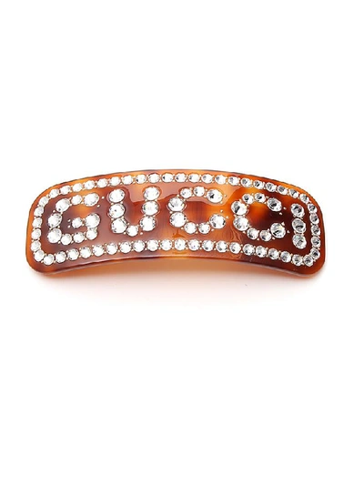 Shop Gucci Logo Crystal Embellished Hair Clip In Brown