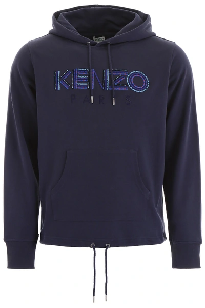 Shop Kenzo Logo Embroidered Hoodie In Navy