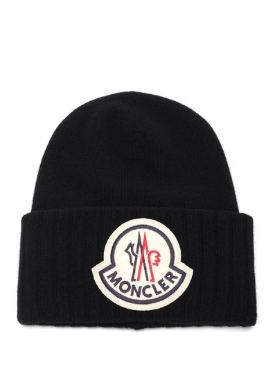 Shop Moncler Ribbed Logo Beanie In Black