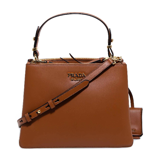 Prada Zipped Logo Shoulder Bag In Brown ModeSens
