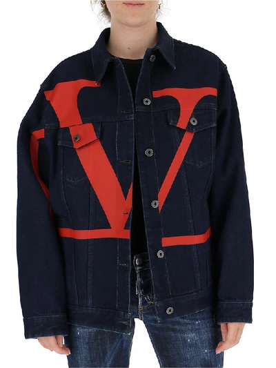 Shop Valentino Vlogo Printed Denim Jacket In Navy