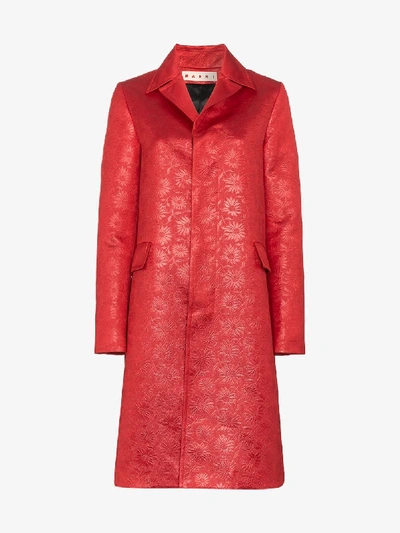 Shop Marni Floral Embossed Mid-length Coat In Red