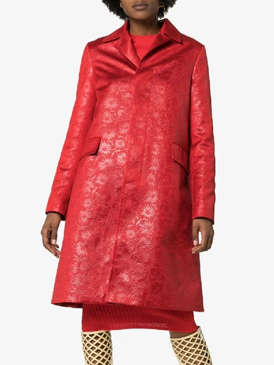 Shop Marni Floral Embossed Mid-length Coat In Red
