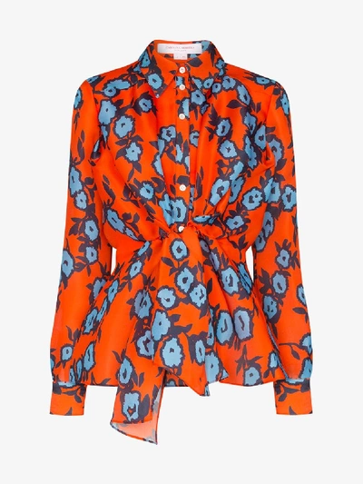 Shop Carolina Herrera Floral Tie Waist Silk Shirt In Orange