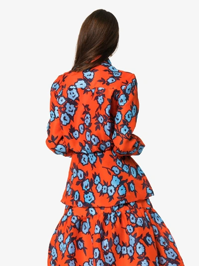 Shop Carolina Herrera Floral Tie Waist Silk Shirt In Orange