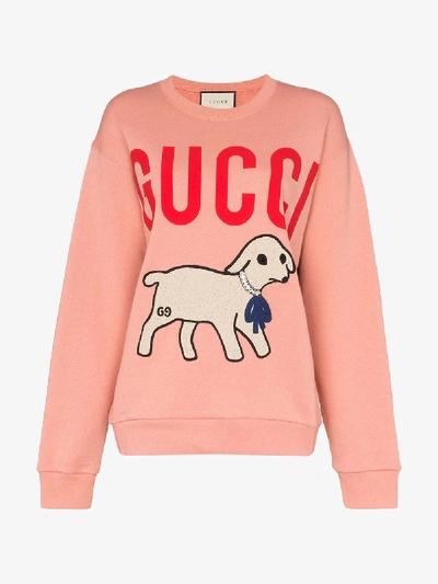 Shop Gucci Lamb Motif Logo Sweatshirt In Pink