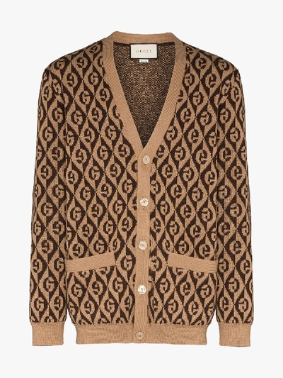 Shop Gucci G Rhombus Logo Wool Cardigan In Brown