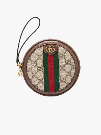 Shop Gucci Brown Round Gg Web Stripe Wrist Wallet