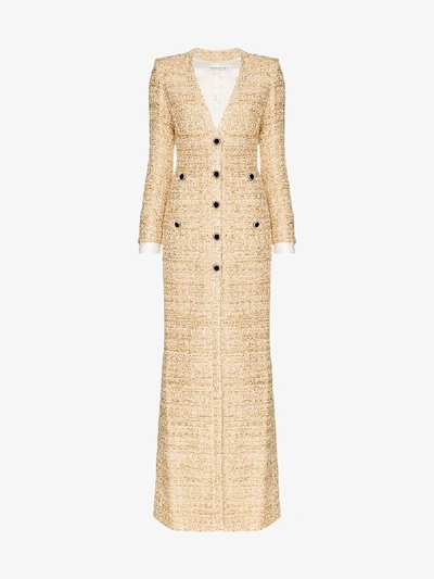 Shop Alessandra Rich Fitted Metallic Tweed Maxi Dress In Neutrals