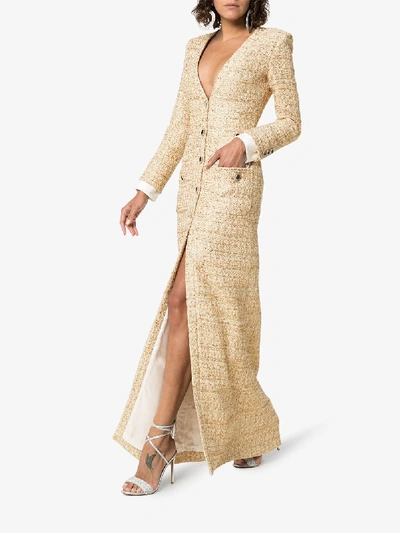 Shop Alessandra Rich Fitted Metallic Tweed Maxi Dress In Neutrals