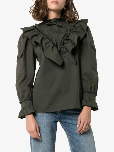 Shop Miu Miu Womens Green Ruffled Cotton Blouse