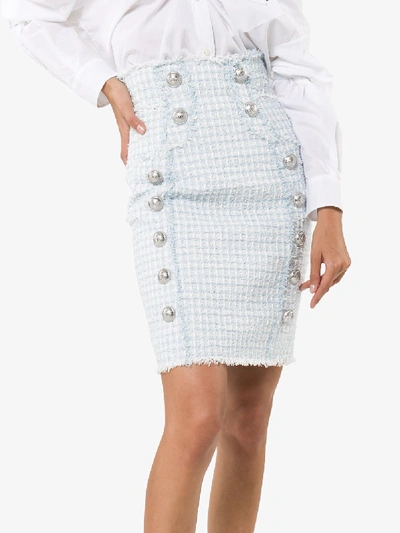 Shop Balmain Buttoned Tweed Pencil Skirt In Blue
