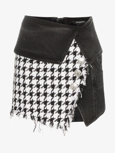 Shop Balmain Denim And Houndstooth Wrap Mini Skirt In Black