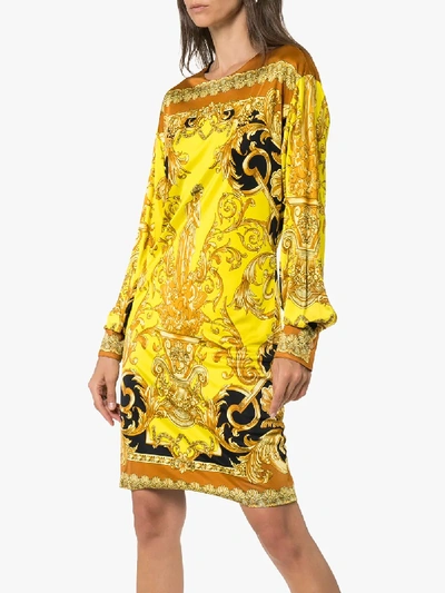 Shop Versace Baroque Print Long Sleeve Dress In Yellow