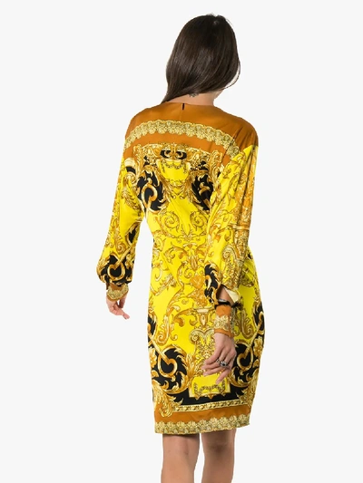 Shop Versace Baroque Print Long Sleeve Dress In Yellow