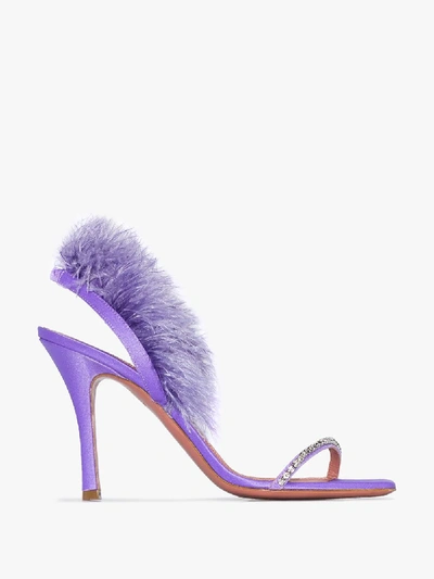 Shop Amina Muaddi Purple Adowa Satin Crystal Feather Sandals