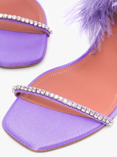 Shop Amina Muaddi Purple Adowa Satin Crystal Feather Sandals