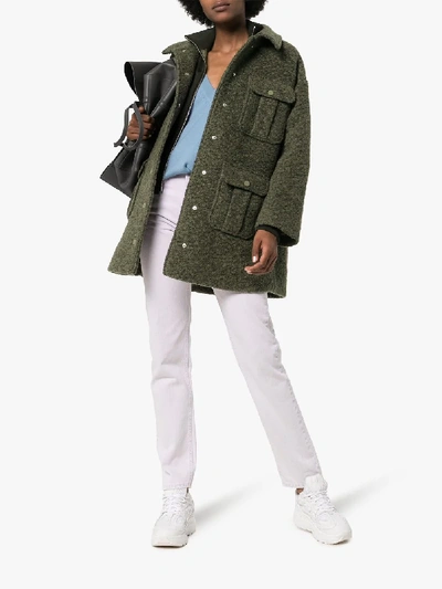 Shop Ganni Layered Utility Pocket Wool Coat In Green